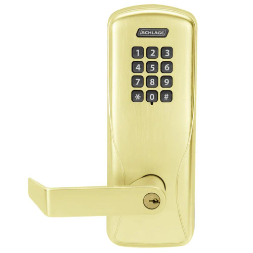Schlage Electronics CO100993R70KPRHO605PRR CO-100 Standalone Electronic Lock Rim/Concealed Exit Device Trim Storeroom Function Keypad Rhodes Style Lever With Schlage Standard Cylinder Bright Brass