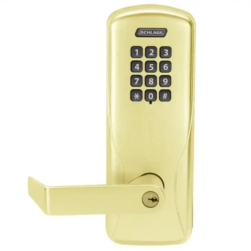 Schlage Electronics CO100993R70KPRHO605PRR CO-100 Standalone Electronic Lock Rim/Concealed Exit Device Trim Storeroom Function Keypad Rhodes Style Lever With Schlage Standard Cylinder Bright Brass CO100993R70KPRHO605PRR