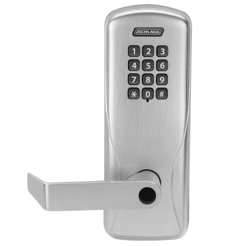 Schlage Electronics CO100CY40KPRHO626LR Grade 1 Standalone Electronic Cylindrical Lock Privacy Function Keypad Reader Rhodes Lever Less Schlage Standard Cylinder Satin Chrome Finish CO100CY40KPRHO626LR