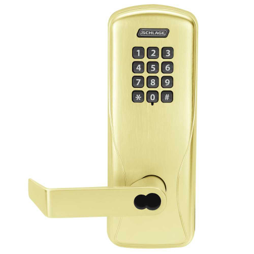 Schlage Electronics CO100CY70KPRHO605BR Grade 1 Standalone Electronic Cylindrical Lock Classroom Function Keypad Reader Rhodes Lever SFIC Prep Bright Brass Finish CO100CY70KPRHO605BR