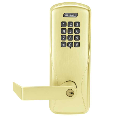 Schlage Electronics CO100CY70KPRHO605PR Grade 1 Standalone Electronic Cylindrical Lock Classroom Function Keypad Reader Rhodes Lever With Schlage Standard Cylinder Bright Brass Finish CO100CY70KPRHO605PR