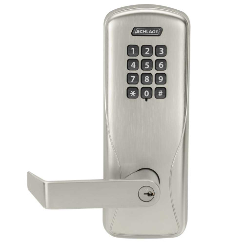 Schlage Electronics CO100CY70KPRHO619PR Grade 1 Standalone Electronic Cylindrical Lock Classroom Function Keypad Reader Rhodes Lever With Schlage Standard Cylinder Satin Nickel Plated Clear Coated Finish CO100CY70KPRHO619PR