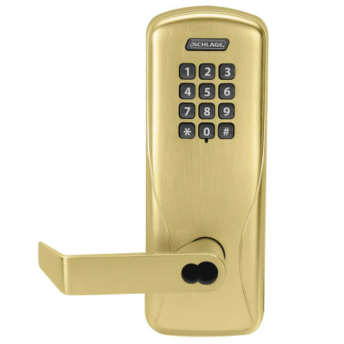 Schlage Electronics CO100MS70KPRHO606BR Grade 1 Standalone Electronic Mortise Lock Classroom Function Keypad Reader Rhodes Lever SFIC Prep Satin Brass Finish CO100MS70KPRHO606BR