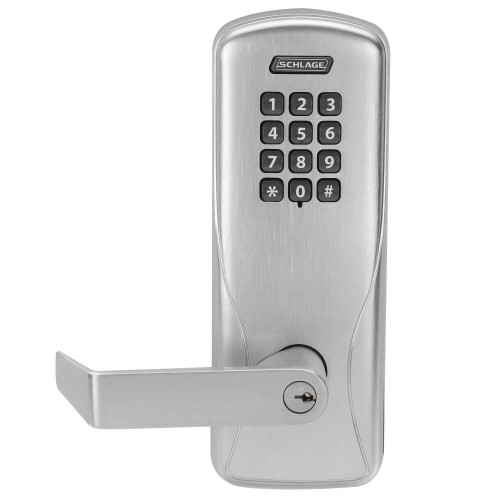 Schlage Electronics CO100MS70KPRHO626PR Grade 1 Standalone Electronic Mortise Lock Classroom Function Keypad Reader Rhodes Lever With Schlage Standard Cylinder Satin Chrome Finish CO100MS70KPRHO626PR