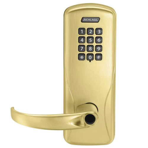 Schlage Electronics CO100MS70KPSPA606LR Grade 1 Standalone Electronic Mortise Lock Classroom Function Keypad Reader Sparta Lever Less Schlage Standard Cylinder Satin Brass Finish CO100MS70KPSPA606LR