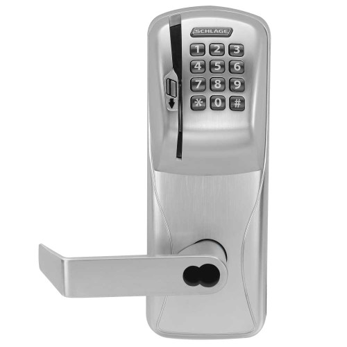 Schlage Electronics CO200CY70MSKRHO626BR Grade 1 Standalone Electronic Cylindrical Lock Classroom Function Magnetic Stripe and Keypad Swipe Rhodes Lever SFIC Prep Satin Chrome Finish CO200CY70MSKRHO626BR