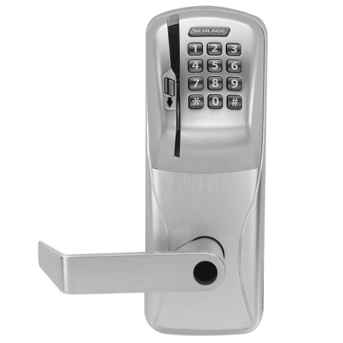 Schlage Electronics CO200CY70MSKRHO626LR Grade 1 Standalone Electronic Cylindrical Lock Classroom Function Magnetic Stripe and Keypad Swipe Rhodes Lever Less Schlage Standard Cylinder Satin Chrome Finish CO200CY70MSKRHO626LR