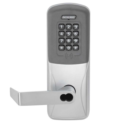 Schlage Electronics CO200CY70PRKRHO626JR Grade 1 Standalone Electronic Cylindrical Lock Classroom Function Proximity Reader and Keypad Rhodes Lever FSIC Prep Satin Chrome Finish CO200CY70PRKRHO626JR