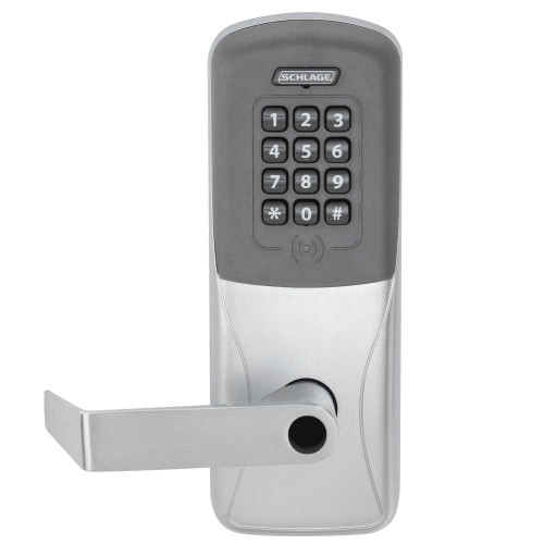Schlage Electronics CO200CY70PRKRHO626LR Grade 1 Standalone Electronic Cylindrical Lock Classroom Function Proximity Reader and Keypad Rhodes Lever Less Schlage Standard Cylinder Satin Chrome Finish CO200CY70PRKRHO626LR