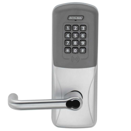Schlage Electronics CO200CY70PRKTLR626BR Grade 1 Standalone Electronic Cylindrical Lock Classroom Function Proximity Reader and Keypad Tubular Lever SFIC Prep Satin Chrome Finish CO200CY70PRKTLR626BR