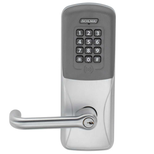 Schlage Electronics CO200CY70PRKTLR626PR Grade 1 Standalone Electronic Cylindrical Lock Classroom Function Proximity Reader and Keypad Tubular Lever With Schlage Standard Cylinder Satin Chrome Finish CO200CY70PRKTLR626PR