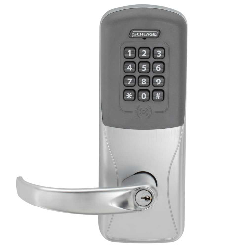 Schlage Electronics CO220CY75PRKSPA626PR Grade 1 Standalone Electric Cylindrical Lock Classroom Security Function Remote Fob Visual Indicator Proximity and Keypad Reader Sparta Lever Conventional Cylinder Satin Chrome Finish Right-Handed CO220CY75PRKSPA626PR