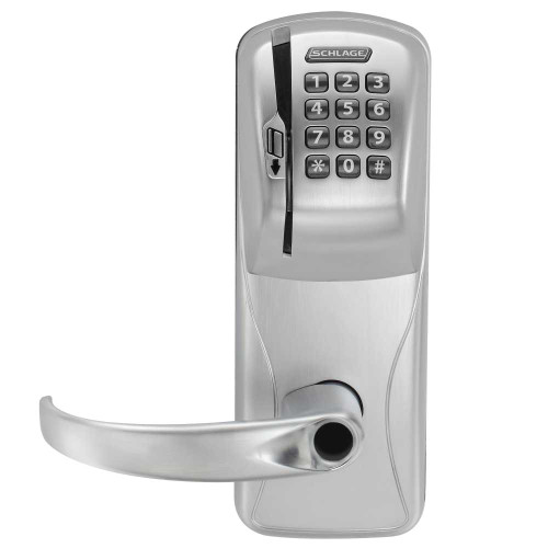 Schlage Electronics CO250CY70MSKSPA626LR CO-250 Standalone Electronic Lock Cylindrical Classroom Function Magnetic Stripe and Keypad Swipe Sparta Style Lever Less Schlage Standard Cylinder Satin Chrome CO250CY70MSKSPA626LR