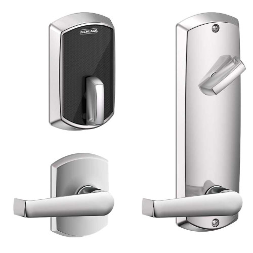 Schlage Electronics FE410F GRW 55 ELA 625 Grade 2 Electric Deadbolt Lock Includes Touchless Bluetooth Smart Reader Keyless No Cylinder Override Elan Lever Unit is Software Programmable Supports 500 Users 4 AA Batteries Bright Chrome Finish Non-Handed FE410F GRW 55 ELA 625