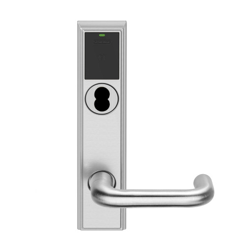 Schlage Electronics LEBMB-ADD B 03 626 RH Grade 2 Schlage ENGAGE Series Wireless Mortise Lock 24 GHz Bluetooth Low Energy Reader 6-pin SFIC Prep Less Core Mobile Enabled Push Button and LED 03 Lever Addison Trim Satin Chrome Finish Right Hand