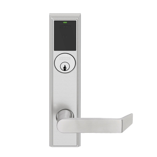 Schlage Electronics LEBMB-ADD P 06 626 RH Grade 1 Schlage ENGAGE Series Wireless Mortise Lock 24 GHz Bluetooth Low Energy Reader Mortise Cylinder Mobile Enabled Push Button and LED 06 Lever Addison Trim Satin Chrome Finish Right Hand