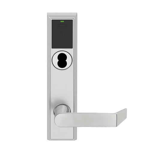 Schlage Electronics LEBMS-ADD B 06 626 RH Grade 2 Schlage ENGAGE Series Wireless Mortise Lock 24 GHz Bluetooth Low Energy Reader 6-pin SFIC Prep Less Core Mobile Enabled LED indicator 06 Lever Addison Trim Satin Chrome Finish Right Hand LEBMS-ADD B 06 626 RH