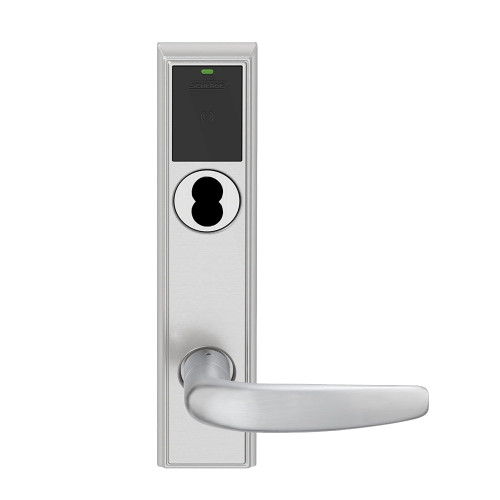 Schlage Electronics LEBMS-ADD B 07 626 RH Grade 2 Schlage ENGAGE Series Wireless Mortise Lock 24 GHz Bluetooth Low Energy Reader 6-pin SFIC Prep Less Core Mobile Enabled LED indicator 07 Lever Addison Trim Satin Chrome Finish Right Hand LEBMS-ADD B 07 626 RH