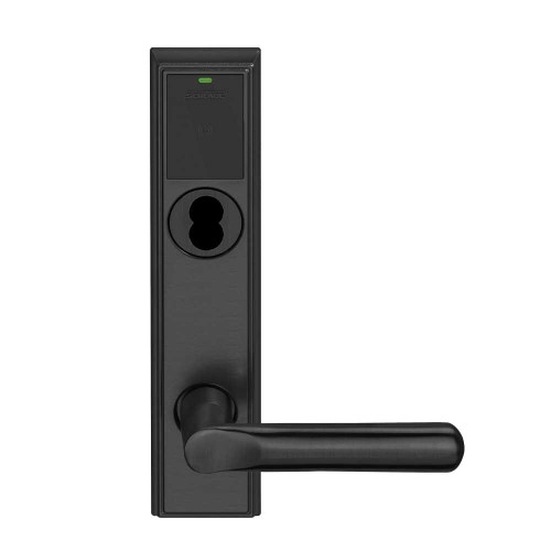 Schlage Electronics LEBMS-ADD B 18 622 RH Grade 2 Schlage ENGAGE Series Wireless Mortise Lock 24 GHz Bluetooth Low Energy Reader 6-pin SFIC Prep Less Core Mobile Enabled LED indicator 18 Lever Addison Trim Flat Black Coated Finish Right Hand LEBMS-ADD B 18 622 RH