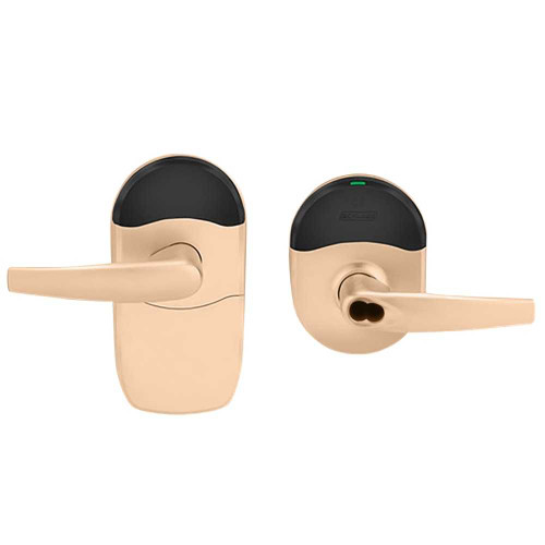 Schlage Electronics NDEBB ATH 612 Grade 1 Schlage ENGAGE Series Wireless Cylindrical Lock 24 GHz Bluetooth Low Energy Reader 6-pin SFIC Prep Less Core Mobile Enabled Multi-Function ATH Lever Satin Bronze Clear Coated Finish Field Reversible NDEBB ATH 612