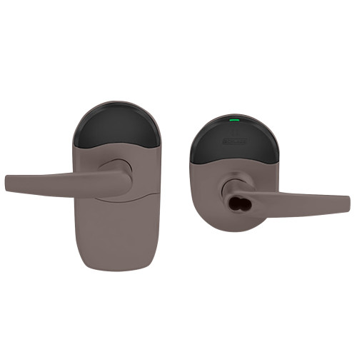 Schlage Electronics NDEBB ATH 643E Grade 1 Schlage ENGAGE Series Wireless Cylindrical Lock 24 GHz Bluetooth Low Energy Reader 6-pin SFIC Prep Less Core Mobile Enabled Multi-Function ATH Lever Aged Bronze Finish Field Reversible NDEBB ATH 643E