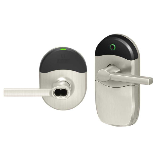 Schlage Electronics NDEBB LAT 619 Grade 1 Schlage ENGAGE Series Wireless Cylindrical Lock 24 GHz Bluetooth Low Energy Reader 6-pin SFIC Prep Less Core Mobile Enabled Multi-Function LAT Lever Satin Nickel Plated Clear Coated Finish Field Reversible NDEBB LAT 619