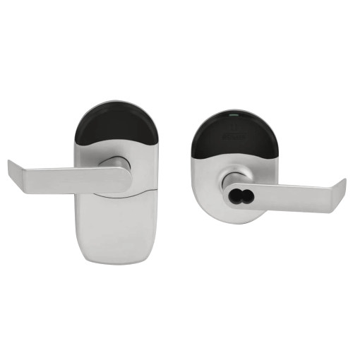 Schlage Electronics NDEBJ RHO 626 Grade 1 Schlage ENGAGE Series Wireless Cylindrical Lock 24 GHz Bluetooth Low Energy Reader Schlage FSIC Prep Less Core Mobile Enabled Multi-Function RHO Lever Satin Chrome Finish Field Reversible NDEBJ RHO 626
