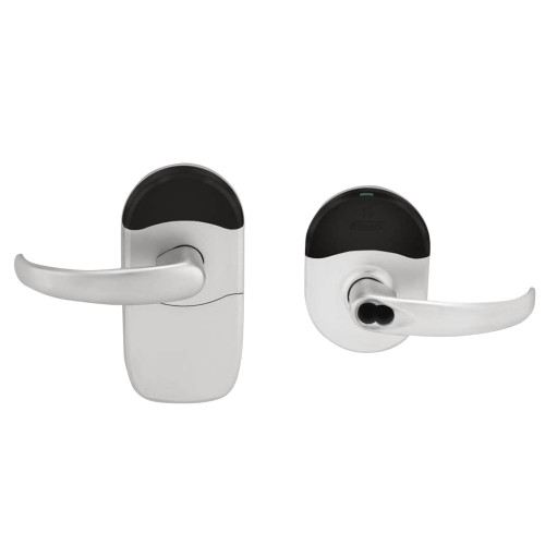 Schlage Electronics NDEBJSAR SPA 626 Grade 1 Schlage ENGAGE Series Wireless Cylindrical Lock 24 GHz Bluetooth Low Energy Reader Sargent LFIC Prep Less Core Mobile Enabled Multi-Function SPA Lever Satin Chrome Finish Field Reversible NDEBJSAR SPA 626