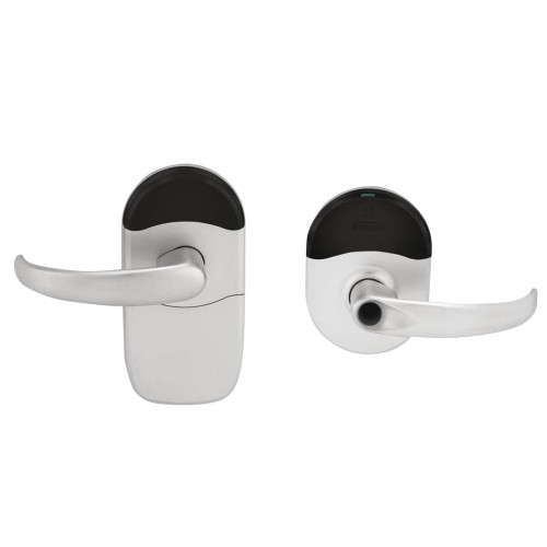 Schlage Electronics NDEBL SPA 626 Grade 1 Schlage ENGAGE Series Wireless Cylindrical Lock 24 GHz Bluetooth Low Energy Reader Less Cylinder Mobile Enabled Multi-Function SPA Lever Satin Chrome Finish Field Reversible NDEBL SPA 626