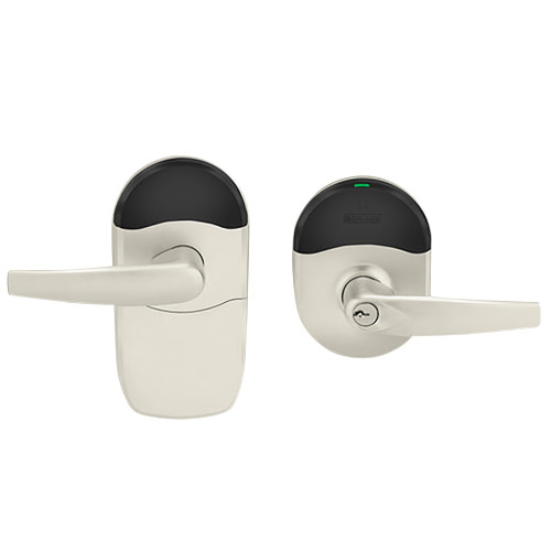 Schlage Electronics NDEBP ATH 619 Grade 1 Schlage ENGAGE Series Wireless Cylindrical Lock 24 GHz Bluetooth Low Energy Reader Conventional Cylinder Mobile Enabled Multi-Function ATH Lever Satin Nickel Plated Clear Coated Finish Field Reversible NDEBP ATH 619