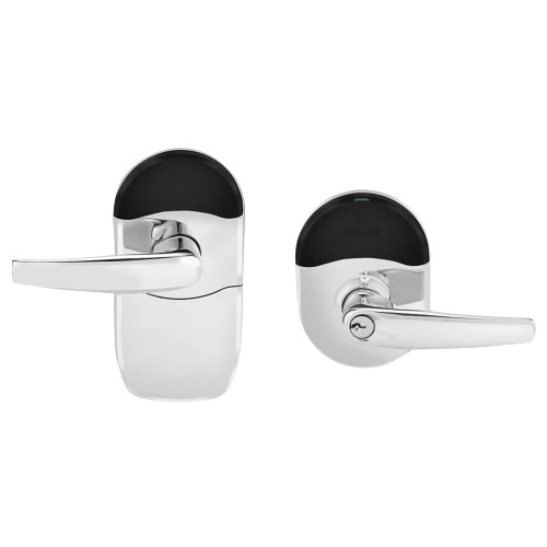 Schlage Electronics NDEBP ATH 625 Grade 1 Schlage ENGAGE Series Wireless Cylindrical Lock 24 GHz Bluetooth Low Energy Reader Conventional Cylinder Mobile Enabled Multi-Function ATH Lever Bright Chrome Finish Field Reversible NDEBP ATH 625