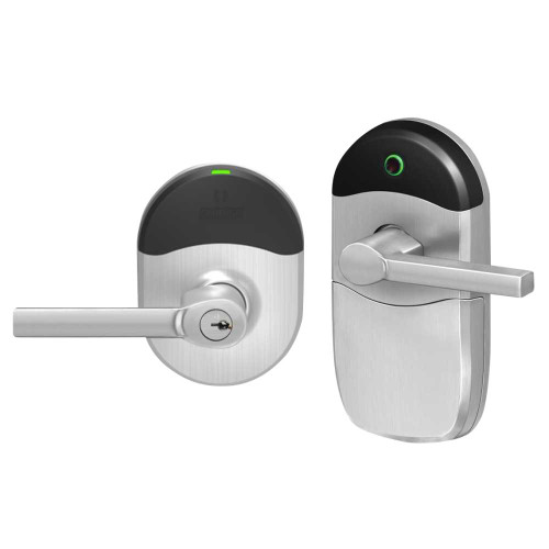 Schlage Electronics NDEBP LAT 626 138 Grade 1 Schlage ENGAGE Series Wireless Cylindrical Lock 24 GHz Bluetooth Low Energy Reader Conventional Cylinder 1-3/8 Lip Strike Mobile Enabled Multi-Function LAT Lever Satin Chrome Finish Field Reversible NDEBP LAT 626 138