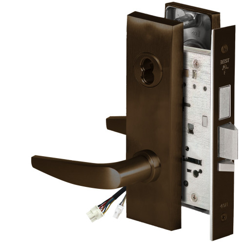 BEST 45HW7TWEL16M611RQE Fail Safe 24V Double Cylinder With Deadbolt Electrified Mortise Lock 16 Lever M Escutcheon Request to Exit Bright Bronze