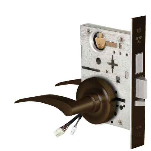 BEST 45HW0LEU17LR611RQE12V Fail Secure 12V With Deadbolt No Key Override Electrified Mortise Lock 17 Lever R Rose Left Hand Request to Exit Bright Bronze 45HW0LEU17LR611RQE12V