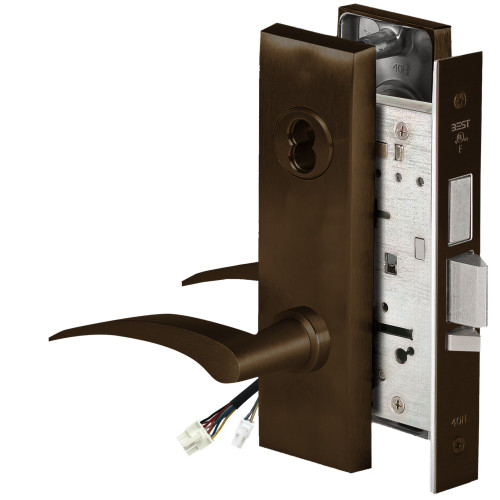 BEST 45HW7TWEU17RM611RQE12V Fail Secure 12V Double Cylinder with Deadbolt Electrified Mortise Lock 17 Lever M Escutcheon Right Hand Request to Exit Bright Bronze