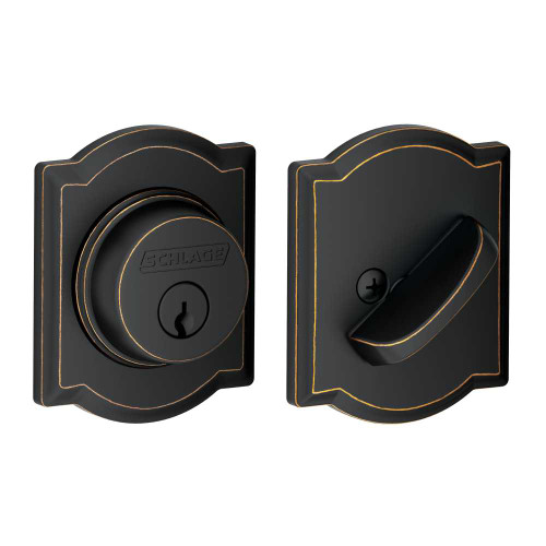 Schlage Residential B60 CAM 716 12-287 KD Grade 1 Single Cylinder Deadbolt Lock Conventional Cylinder 5 Pins Keyed Different Triple Option Latch Camelot Rose Antique Bronze Finish B60 CAM 716 12-287 KD
