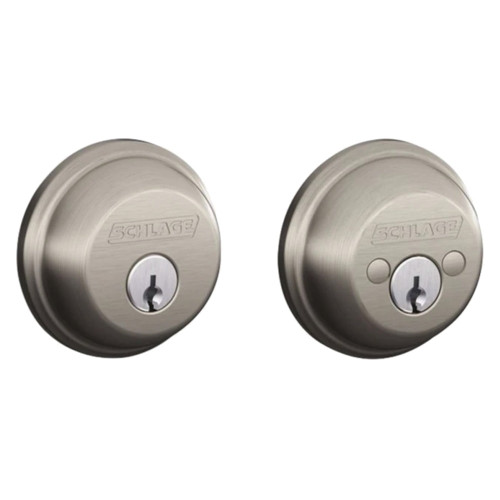 Schlage Residential B62 619 KA4 Grade 1 Double Cylinder Deadbolt Lock Conventional Cylinder 5 Pins Keyed Alike Group of 4 Dual Option Latch Satin Nickel Plated Clear Coated Finish