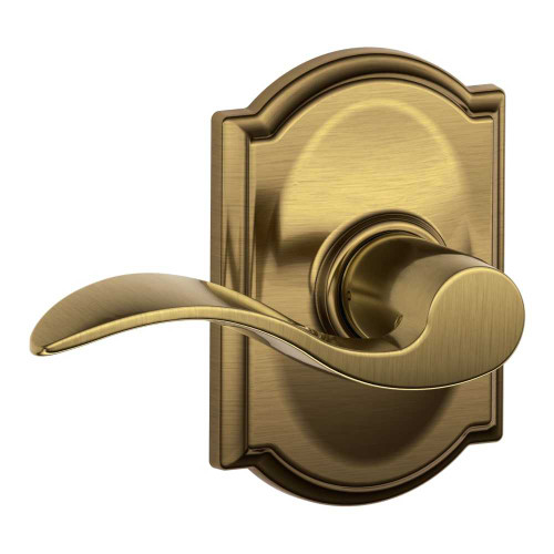 Schlage Residential F10 ACC 609 CAM Grade 2 Passage Latch Accent Lever Camelot Rose Satin Brass Blackened Satin Relieved Clear Coated Finish F10 ACC 609 CAM