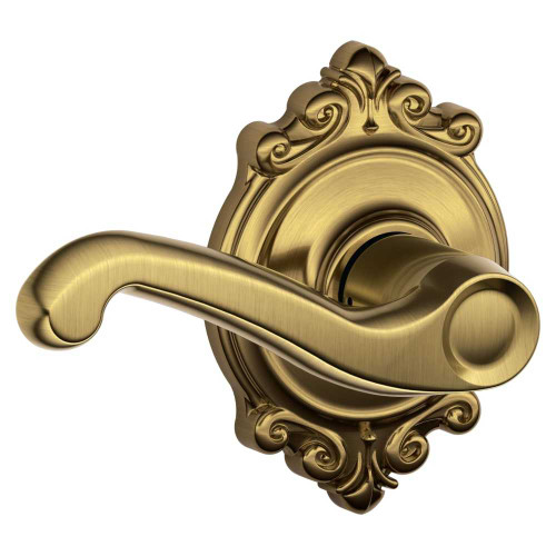 Schlage Residential F10 FLA 609 BRK Grade 2 Passage Latch Flair Lever Brookshire Rose Satin Brass Blackened Satin Relieved Clear Coated Finish F10 FLA 609 BRK