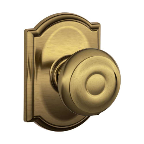 Schlage Residential F10 GEO 609 CAM Passage Latch Georgian Knob Camelot Rose Antique Brass F10 GEO 609 CAM