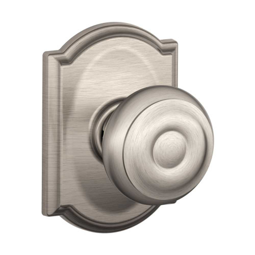 Schlage Residential F10 GEO 619 CAM Passage Latch Georgian Knob Camelot Rose Satin Nickel F10 GEO 619 CAM