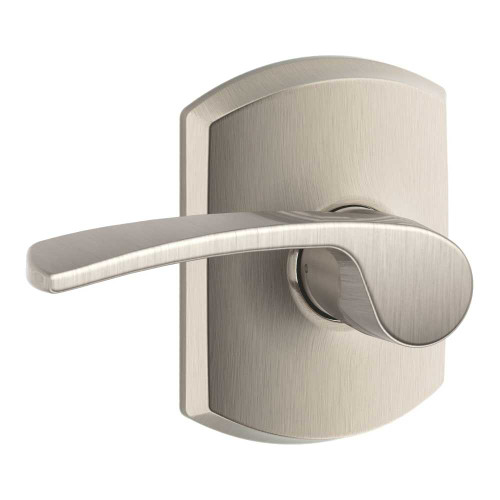Schlage Residential F10 MER 619 GRW Grade 2 Passage Latch Merano Lever Greenwich Rose Satin Nickel Finish F10 MER 619 GRW
