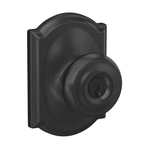 Schlage Residential F51A GEO 622 CAM KD Entry Lock Georgian Knob Camelot Rose Black F51A GEO 622 CAM KD