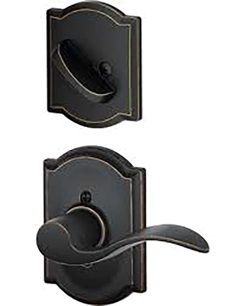 Schlage Residential F59 ACC 716 CAM RH Entrance Handleset Interior Only Accent Lever Camelot Rose Antique Bronze F59 ACC 716 CAM RH