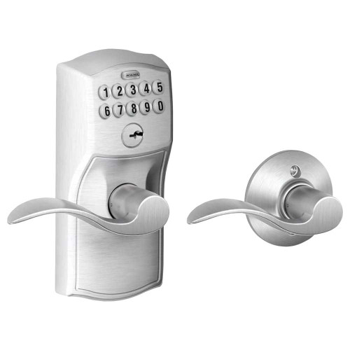 Schlage Residential FE575 CAM626ACC Grade 2 Keypad Entry with Auto Lock Camelot Trim Accent Lever Satin Chrome Finish Non-Handed FE575 CAM626ACC