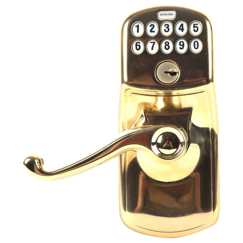 Schlage Residential FE575 PLY505FLA Grade 2 Keypad Entry with Auto Lock Plymouth Trim Flair Lever Lifetime Brass Finish Non-Handed FE575 PLY505FLA
