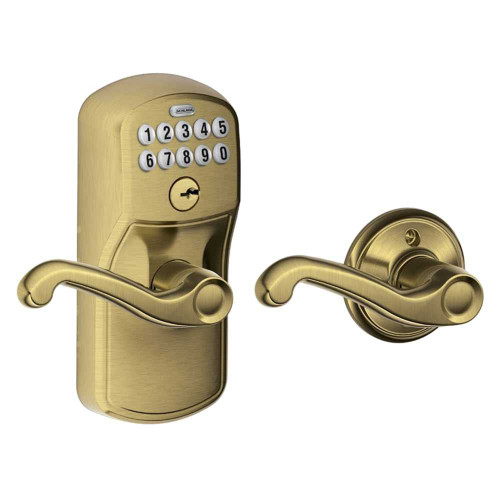 Schlage Residential FE575 PLY609FLA Grade 2 Keypad Entry with Auto Lock Plymouth Trim Flair Lever Satin Brass Blackened Satin Relieved Clear Coated Finish Non-Handed FE575 PLY609FLA