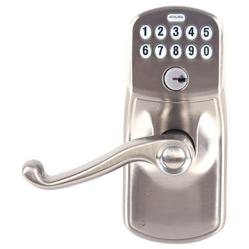 Schlage Residential FE575 PLY619FLA KD Grade 2 Keypad Entry with Auto Lock Plymouth Trim Flair Lever Keyed Different Satin Nickel Plated Clear Coated Finish Non-Handed