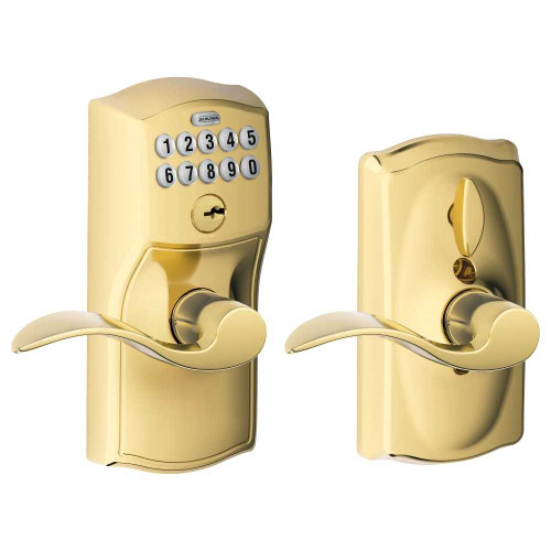Schlage Residential FE595 CAM505ACC Grade 2 Keypad Entry with Flex Lock Camelot Trim Accent Lever Keyed Different Lifetime Brass Finish Non-Handed FE595 CAM505ACC