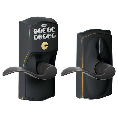 Schlage Residential FE595 CAM716ACC Grade 2 Keypad Entry with Flex Lock Camelot Trim Accent Lever Keyed Different Antique Bronze Finish Non-Handed FE595 CAM716ACC